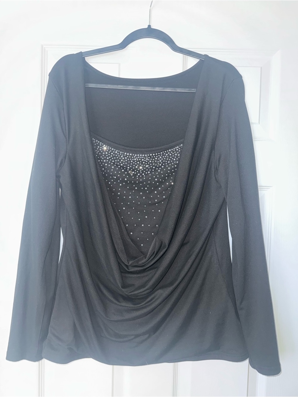 Black Long-Sleeve Drape Front Top with Studded Inset